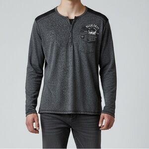 Private Member Long Sleeve Henley T-Shirt Grey Black Size Medium